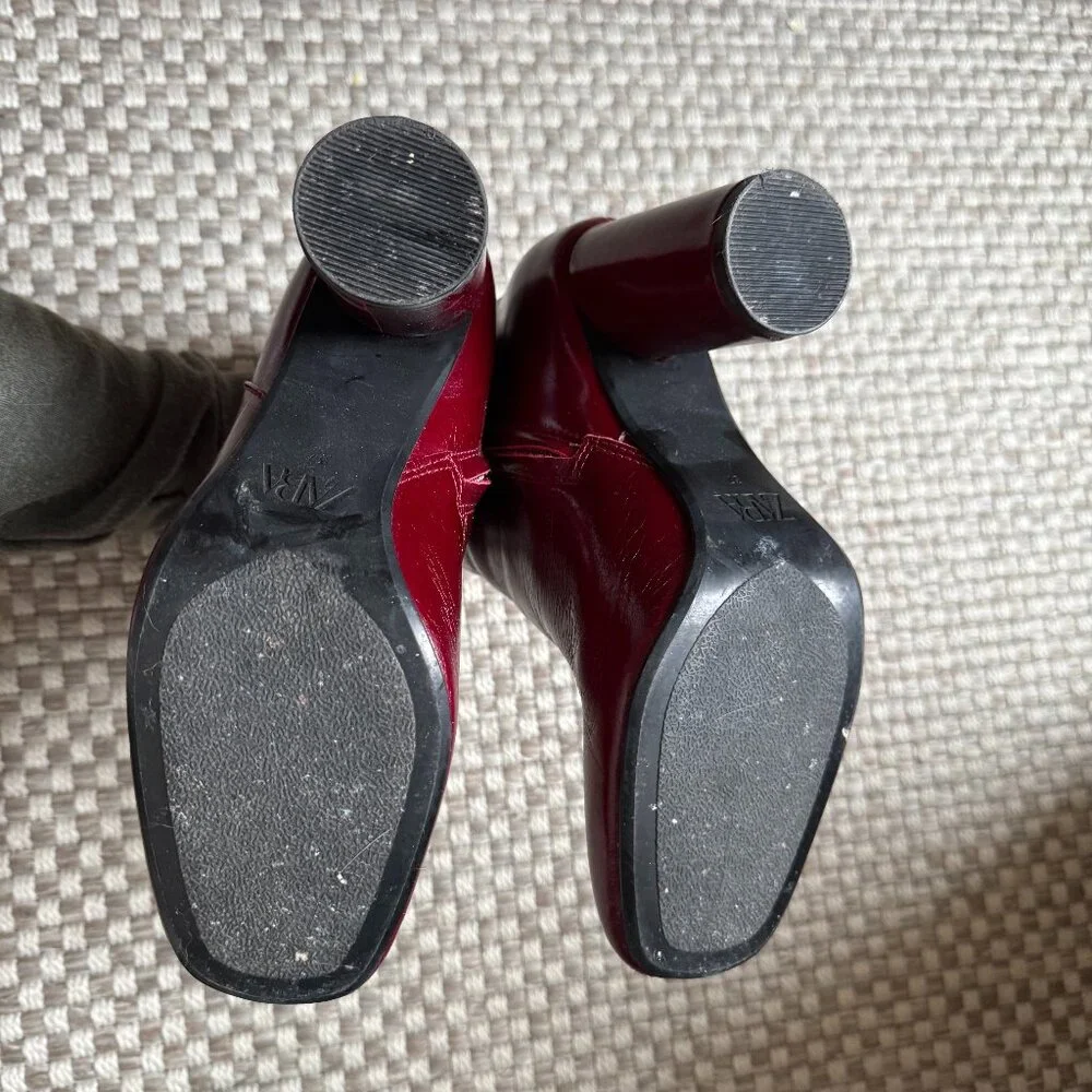 Zara Leather Ankle Boots Burgundy Red - Picture 7 of 8